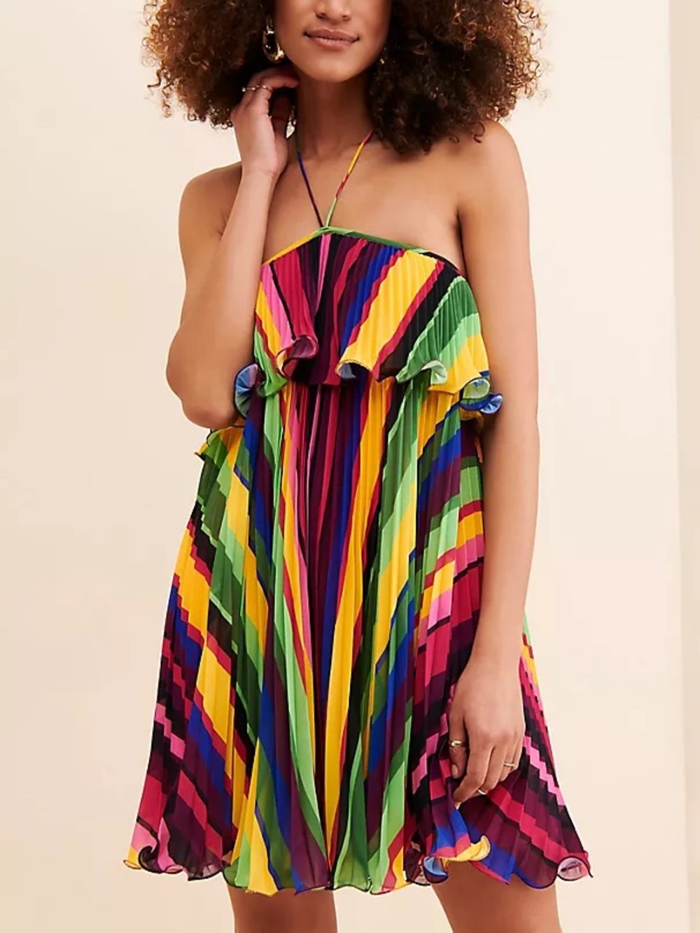 AMUR Sevyn Mini Halter Dress Vibrant Colorful Stripe Pleated Ruffle Size 4 - Picture 5 of 12